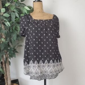 Caffe Marrakesh Blouse Square Neck Floral Hearts Black White Large